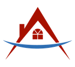 affordable roofing services red roof and house-shaped logo with a blue curved line underneath; a window is visible in the center