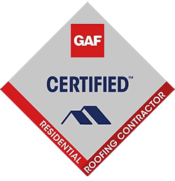 GAF Certified Residential Roofing Contractor logo, diamond-shaped with red, gray, and blue roof