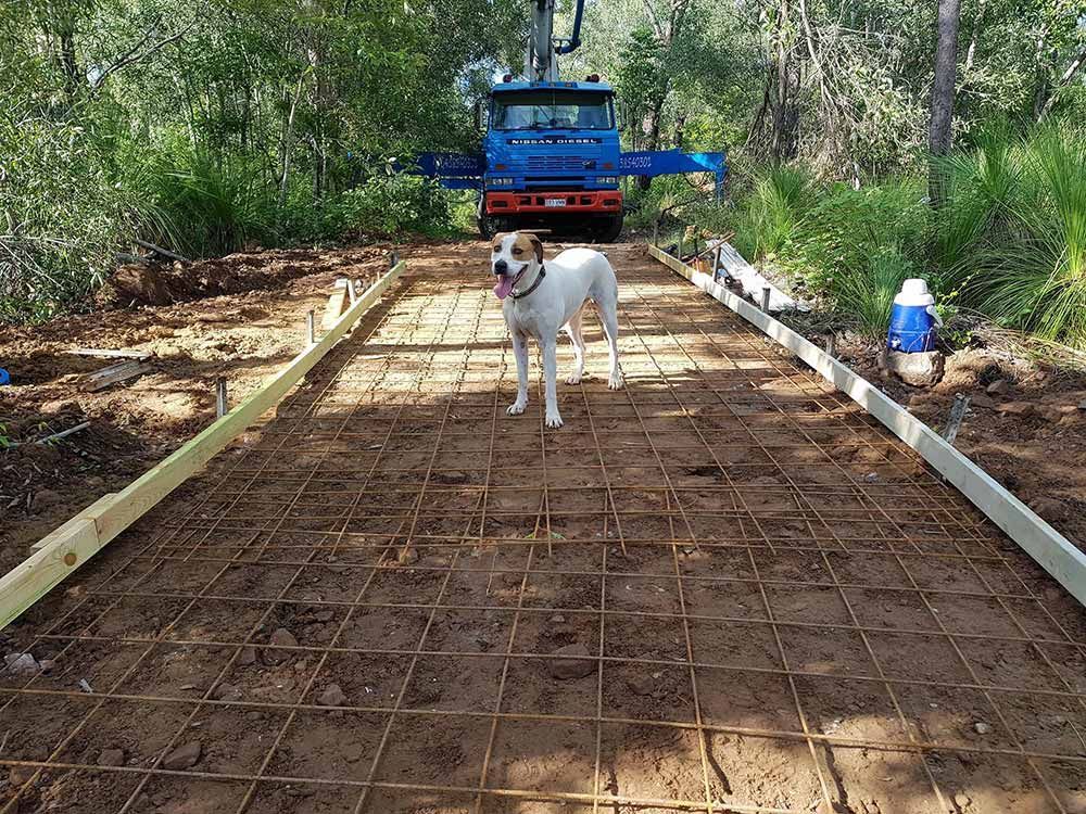 A Dog is Standing on a Dirt Road Being Constructed Next to a Truck — Polley's Concrete Pumping in Sarina, QLD
