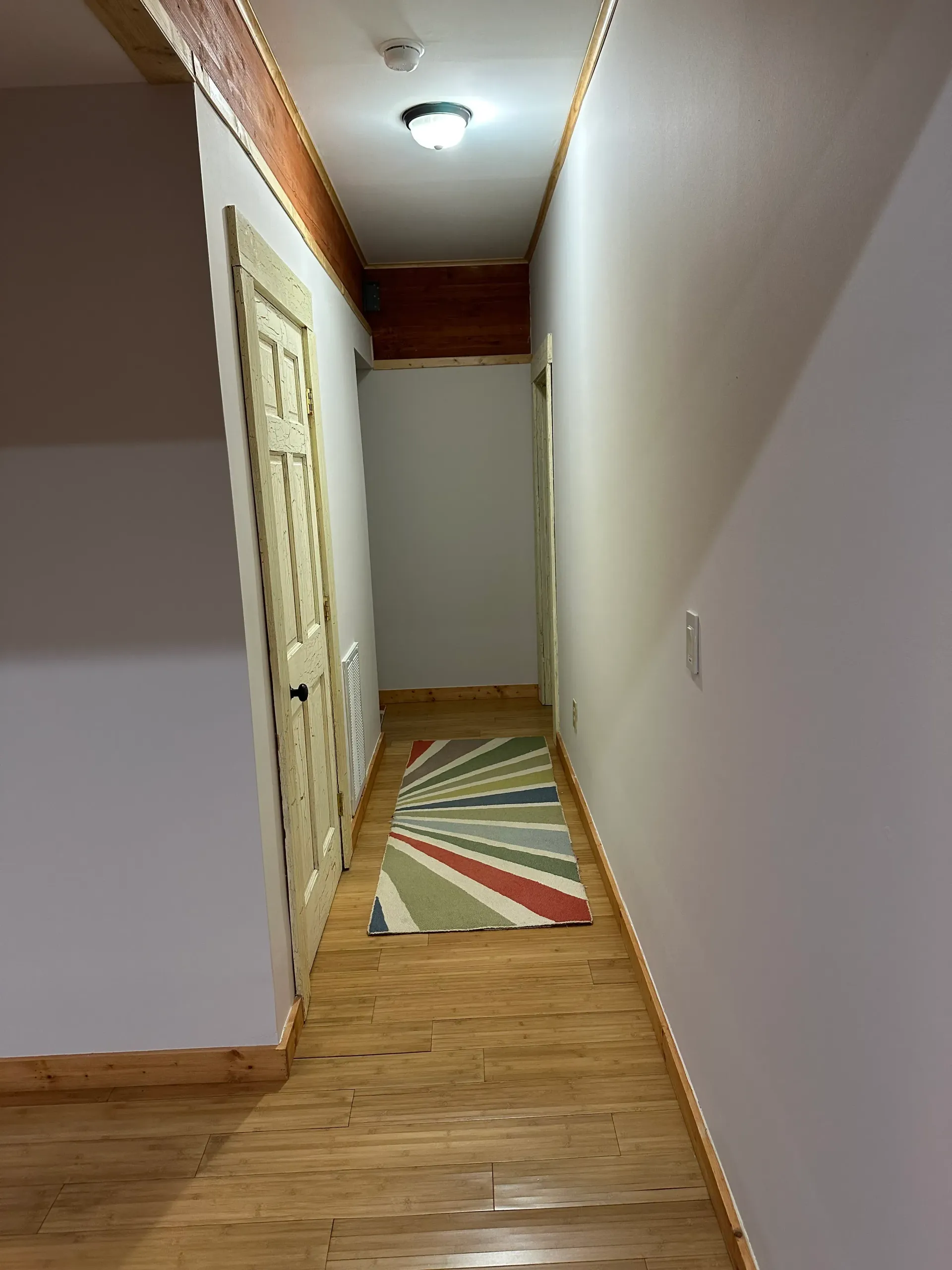 A long hallway with wooden floors and a rug on the floor.