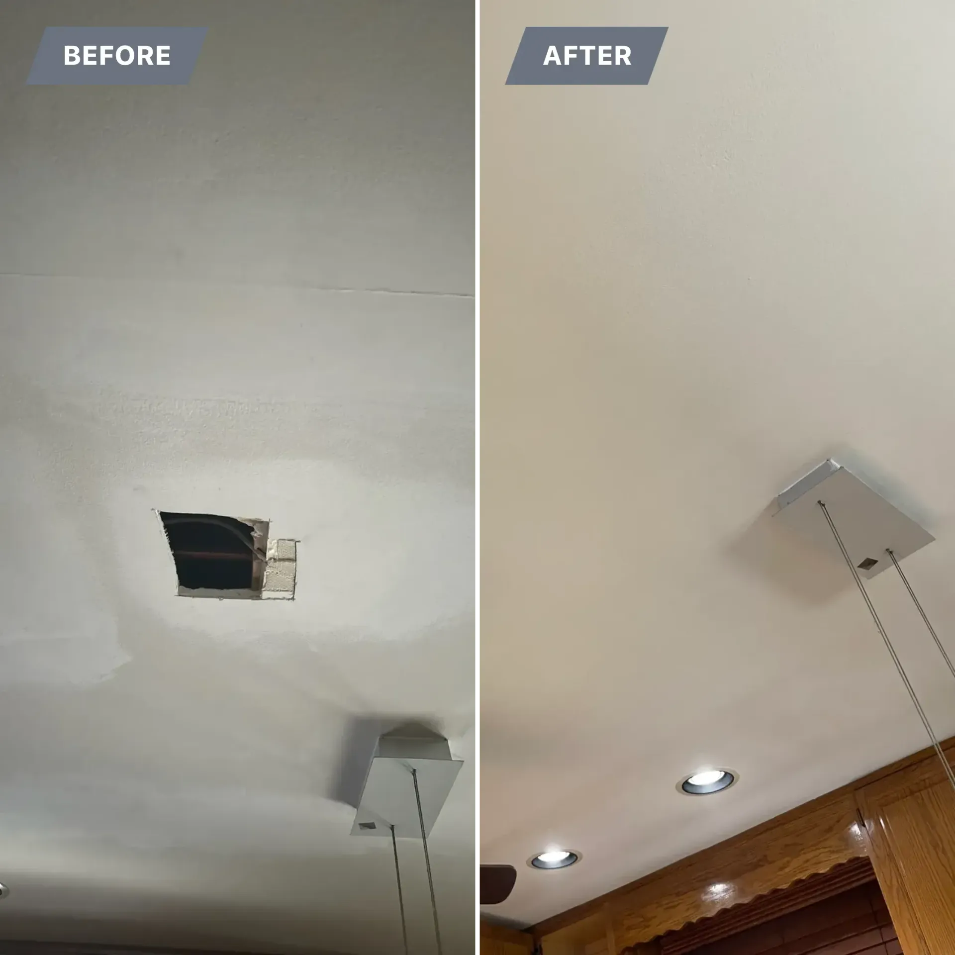 A before and after photo of a ceiling with a hole in it.