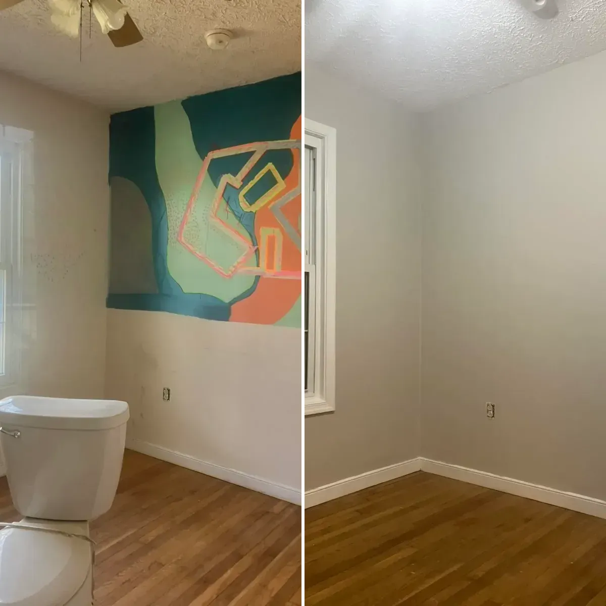 A before and after photo of a bathroom with a painting on the wall