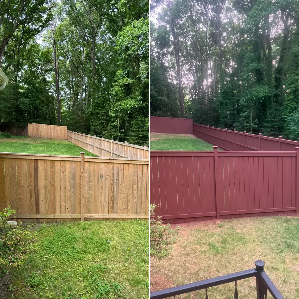 A before and after picture of a wooden fence being painted red.