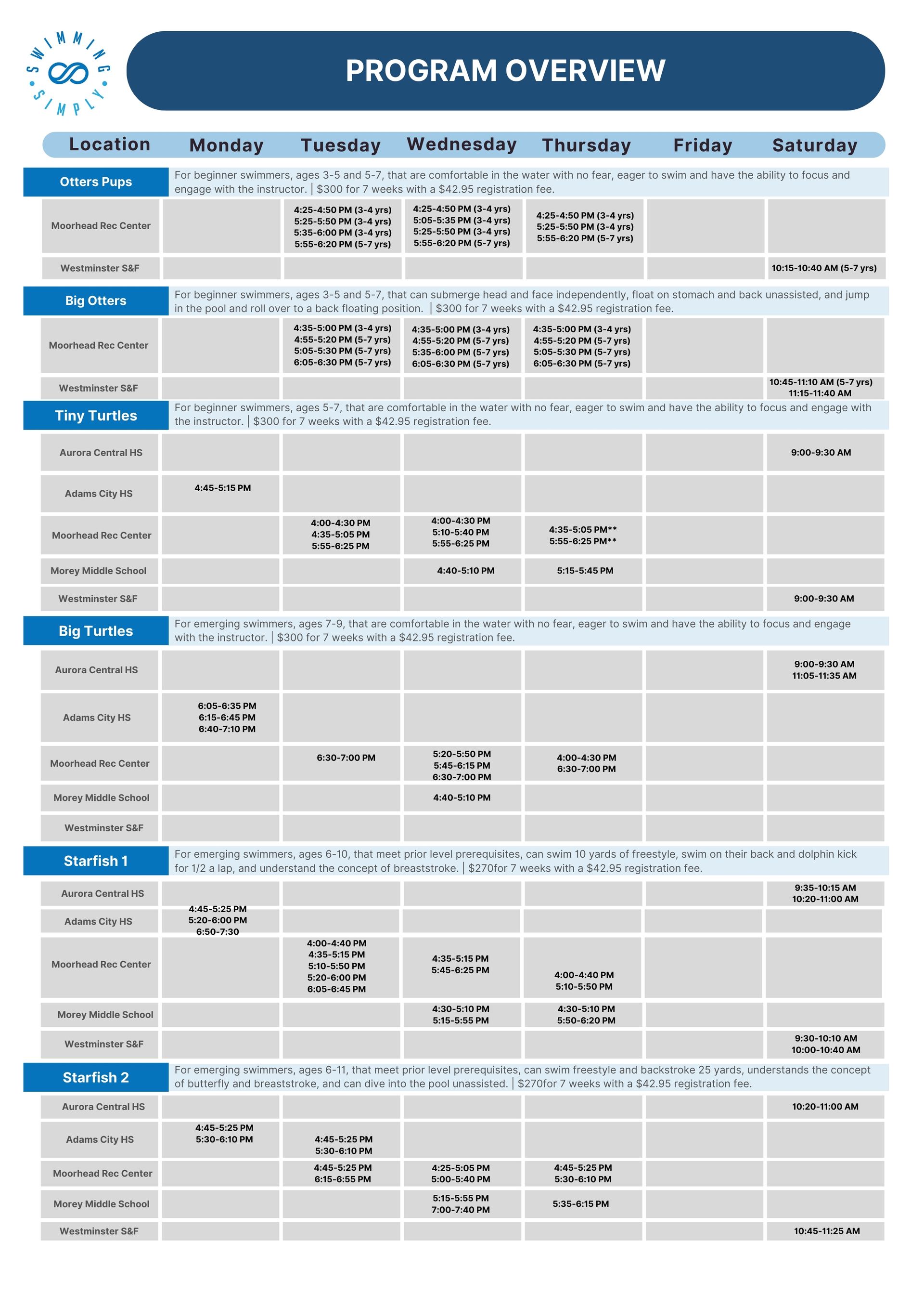 Image of table of class schedule for early winter session 2026.
