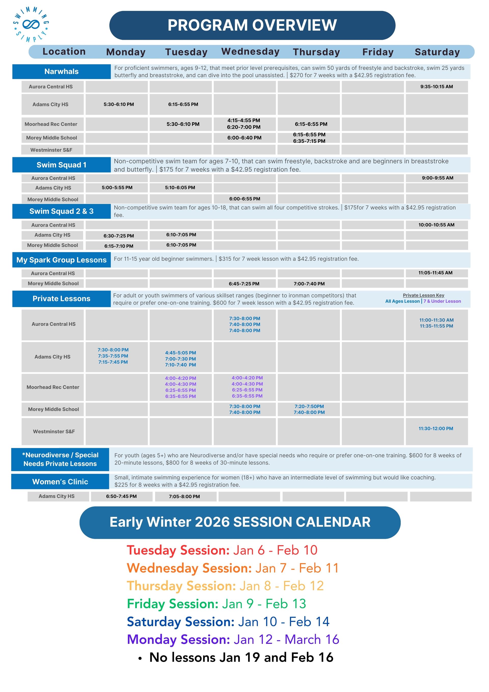 Table of class schedule for early winter session 2026.