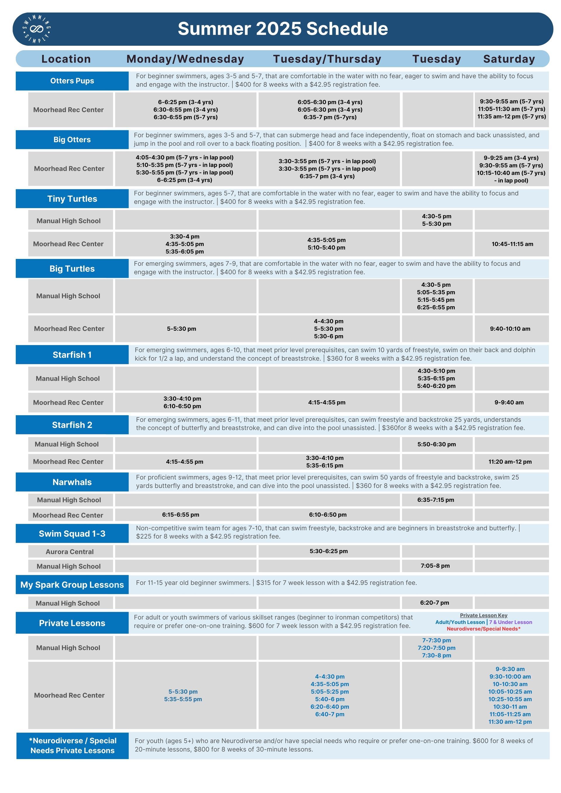 table of all lessons available by level, location and day of the week. 