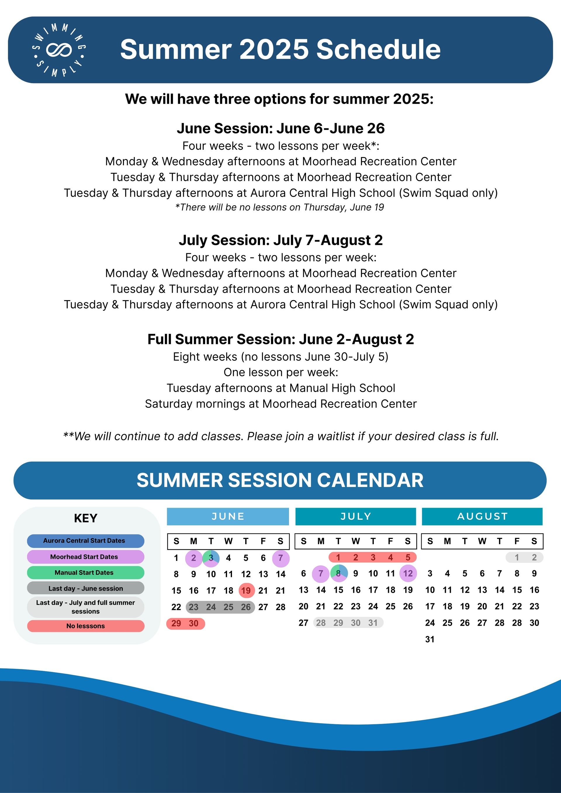 Table of all lessons available by level, location and day of the week. 