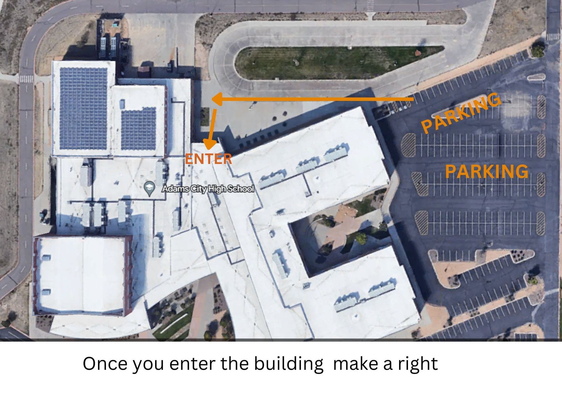 An aerial view of a building with the words once you enter the building make a right