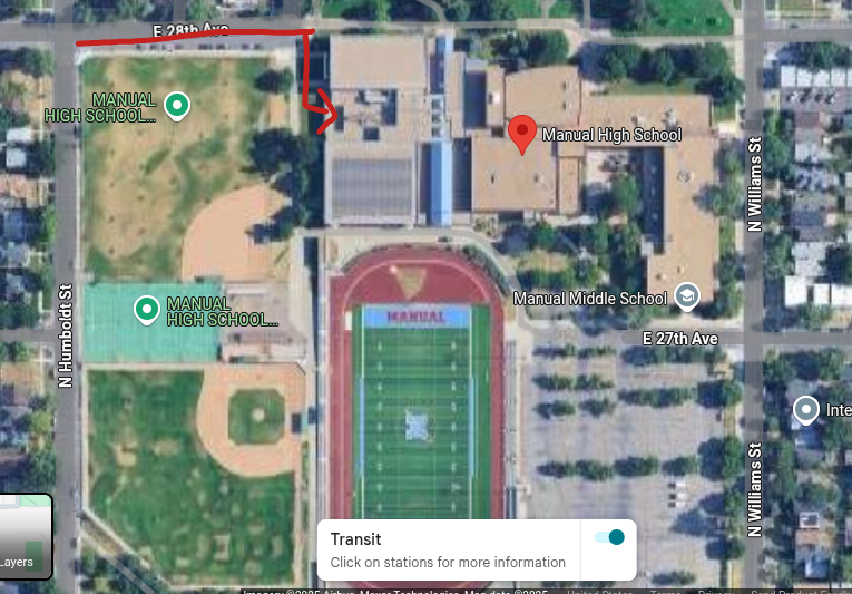 Satellite image of Manual High School Parking Lot and entrance