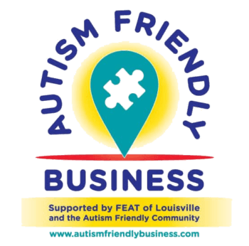 A logo for autism friendly business supported by feat of louisville and the autism friendly community