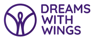 A purple logo for dreams with wings with a person in a circle.