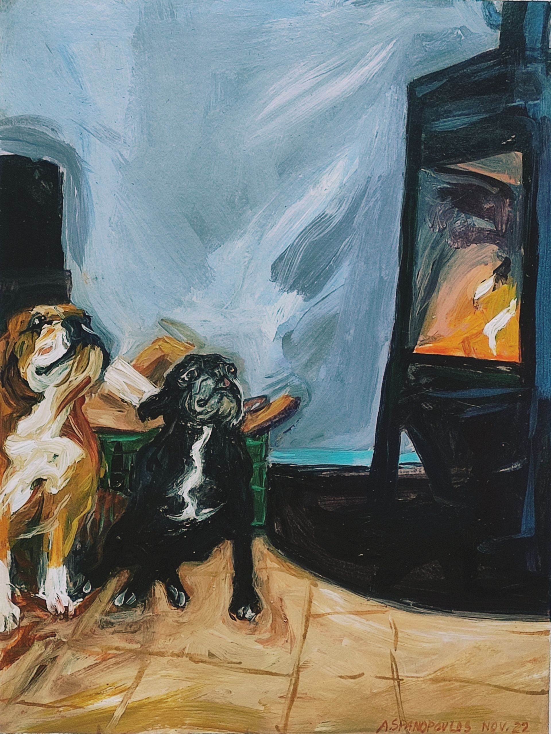 Hundeporträts, neben Kaminofen