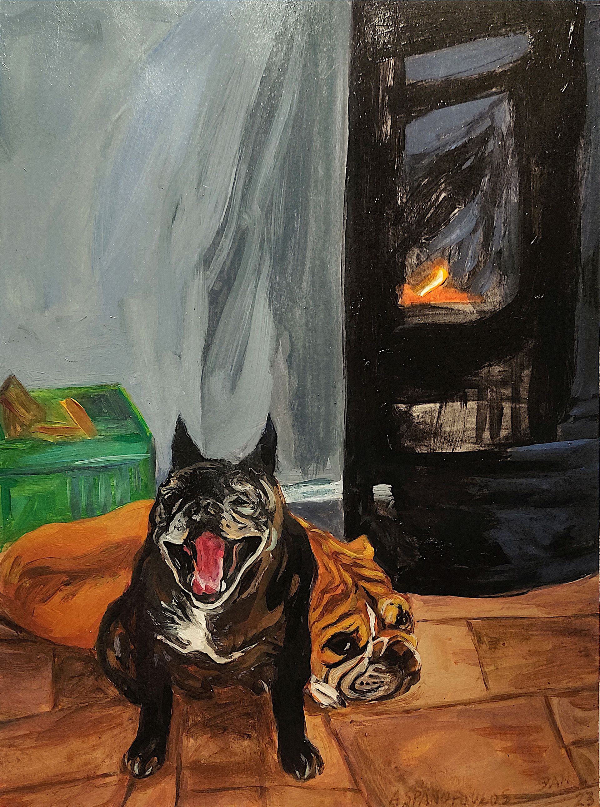 Hundeporträts vor Kaminofen