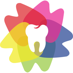 Tooth in center of colorful overlapping petal shapes.
