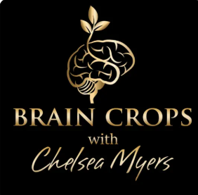 Gold brain illustration with sprout,