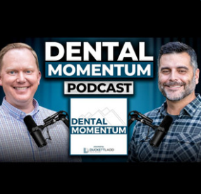 Two men with microphones, smiling, for the Dental Momentum Podcast. The logo is displayed in the center.