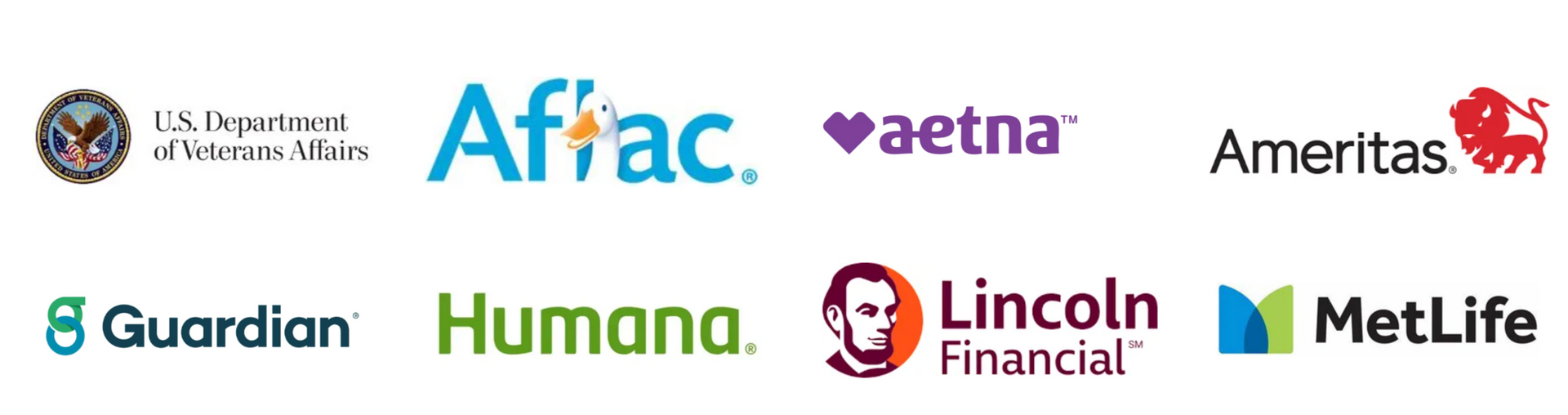 Logos of insurance providers: U.S. Department of Veterans Affairs, Aflac, Aetna, Ameritas, Guardian, Humana, Lincoln Financial, and MetLife.