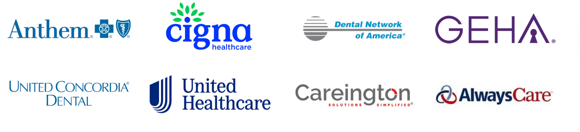 Logos of health insurance providers including Anthem, Cigna, UnitedHealthcare, and GEHA.