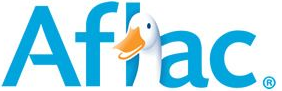 Aflac logo with a blue font and a white duck with an orange beak.