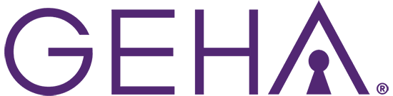 GEHA logo with purple text and a keyhole symbol.