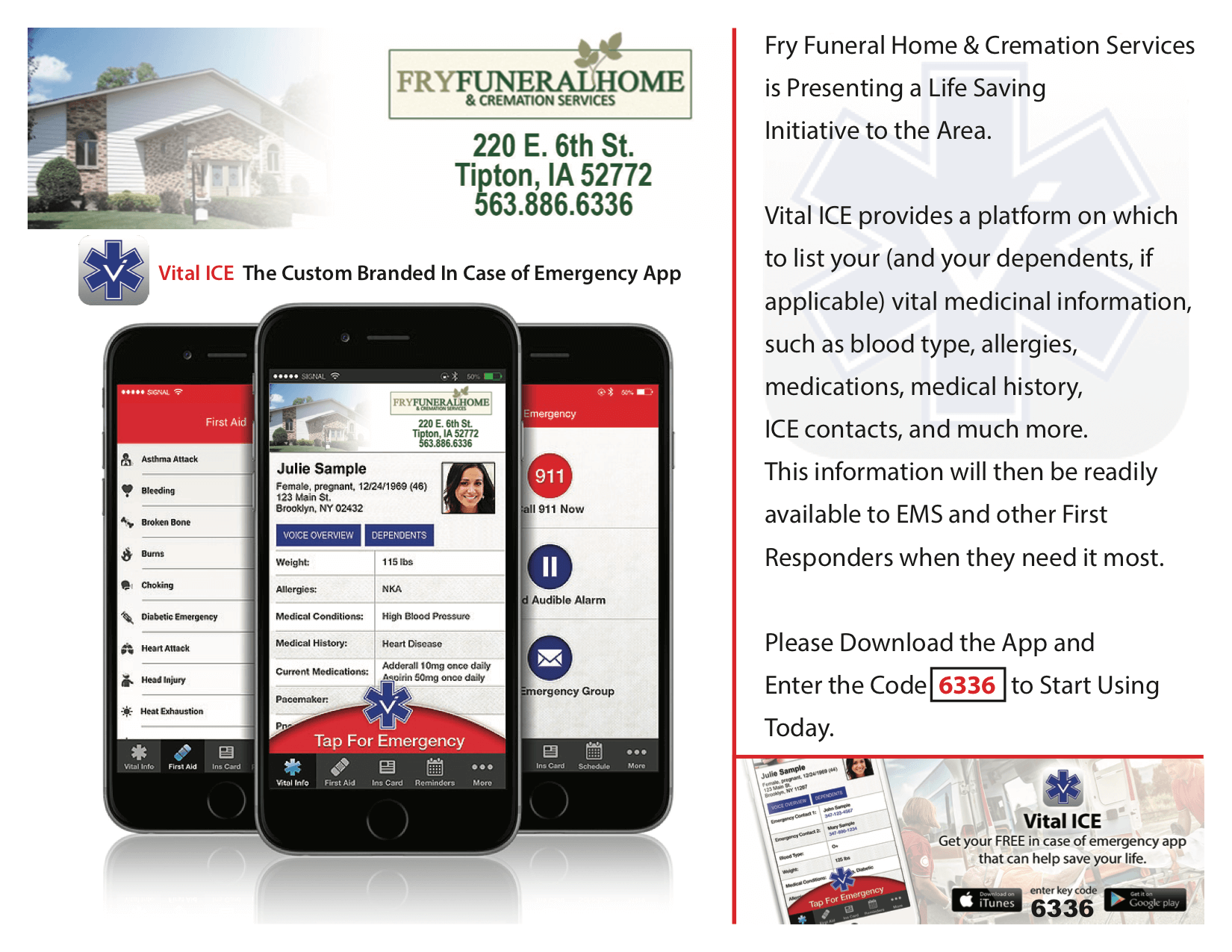 A flyer for a funeral home shows three cell phones