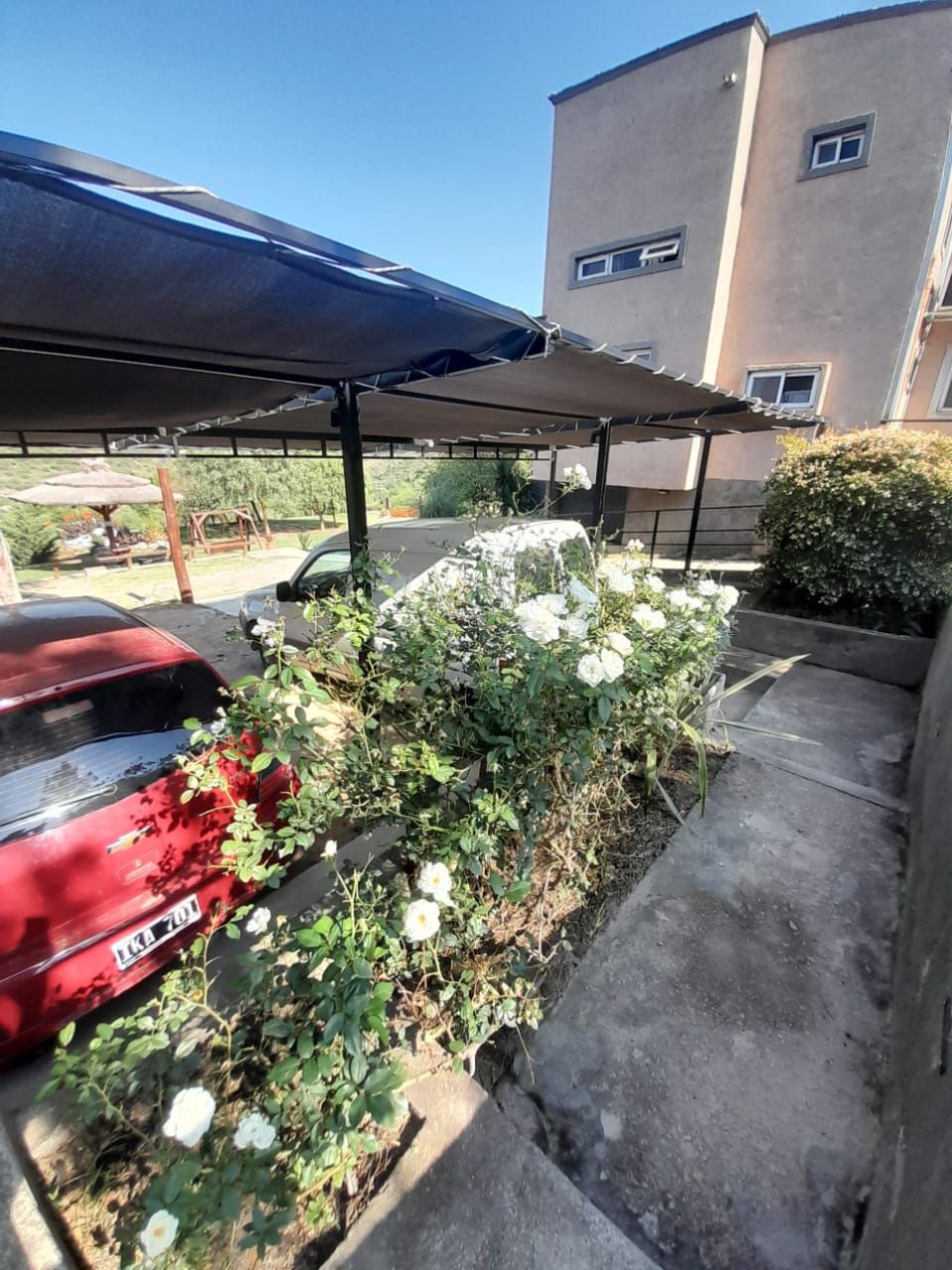 Coches aparcados bajo una cochera con flores frente a un edificio en un día soleado.