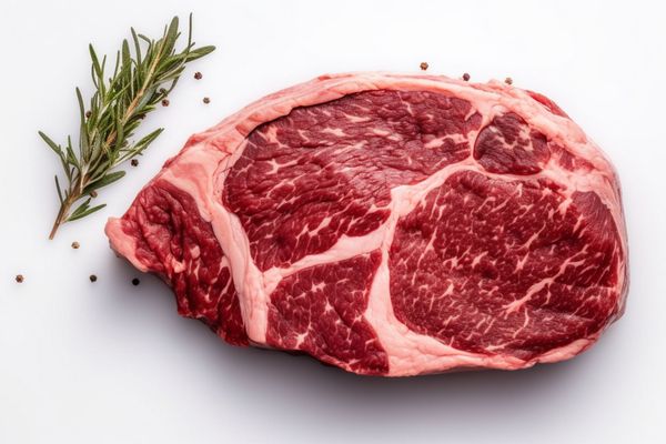 A piece of raw steak next to a sprig of rosemary on a white surface.