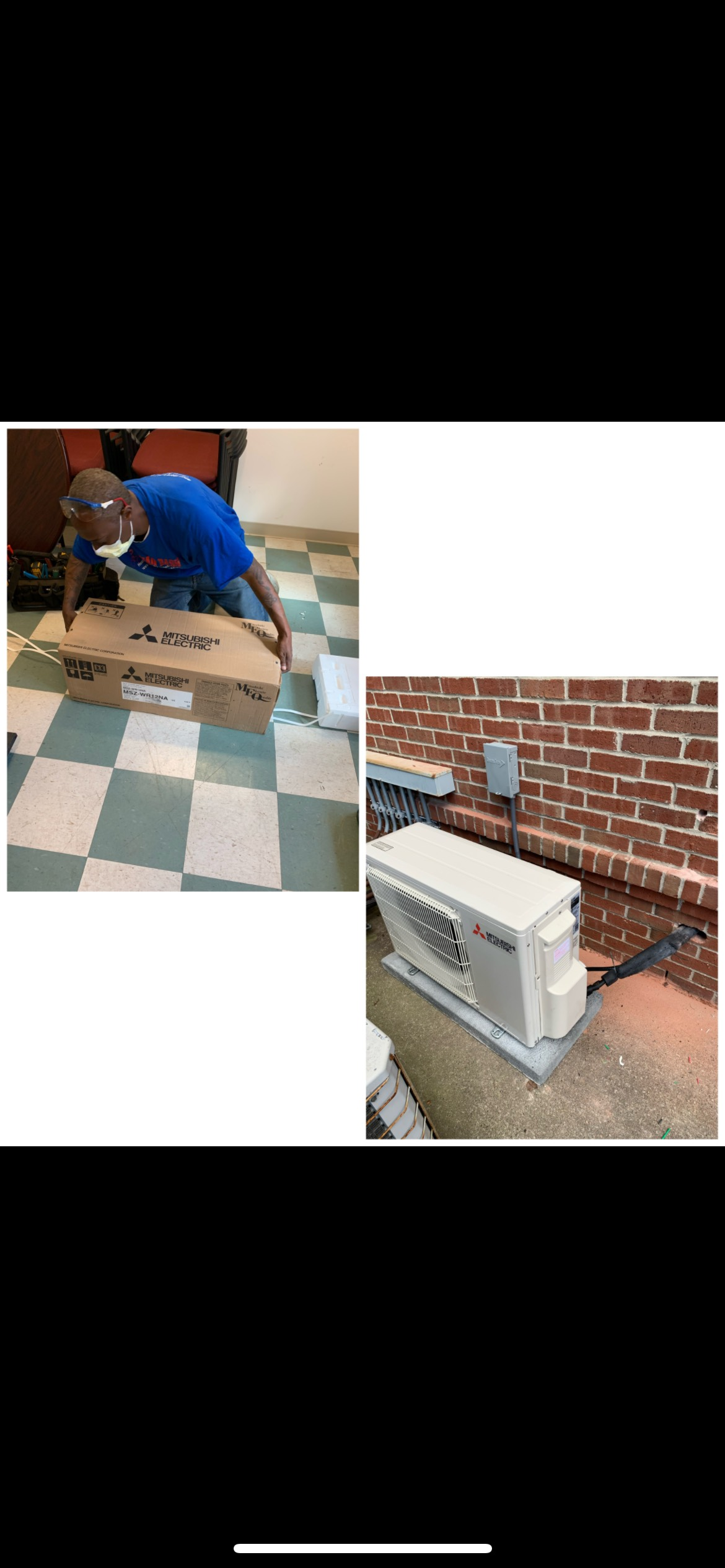 Man opening box; generator installed next to brick wall.