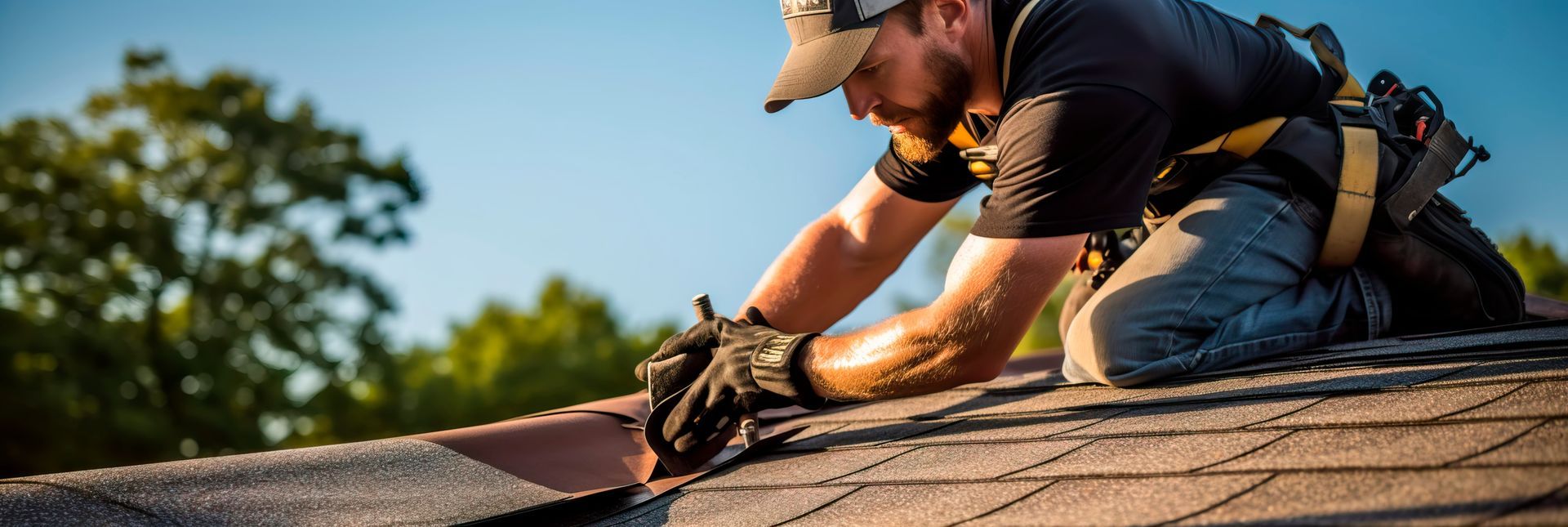 Worker installing roofing material along a ridge on a shingled roof.