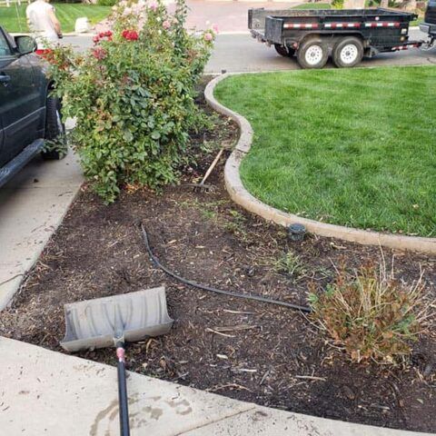 A black car is parked in a driveway next to a garden.