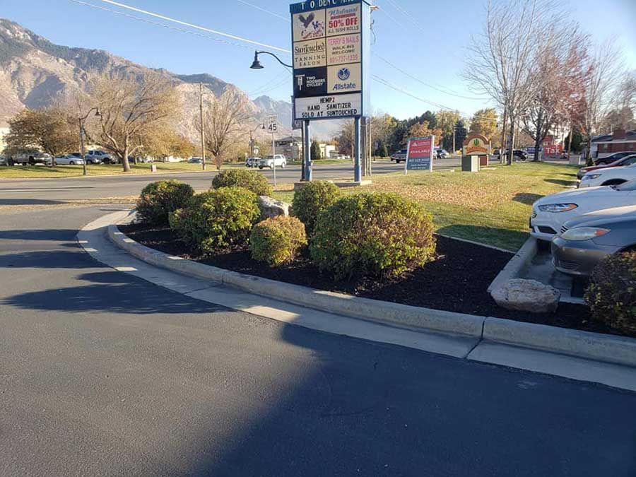A row of cars are parked on the side of the road next to a sign.
