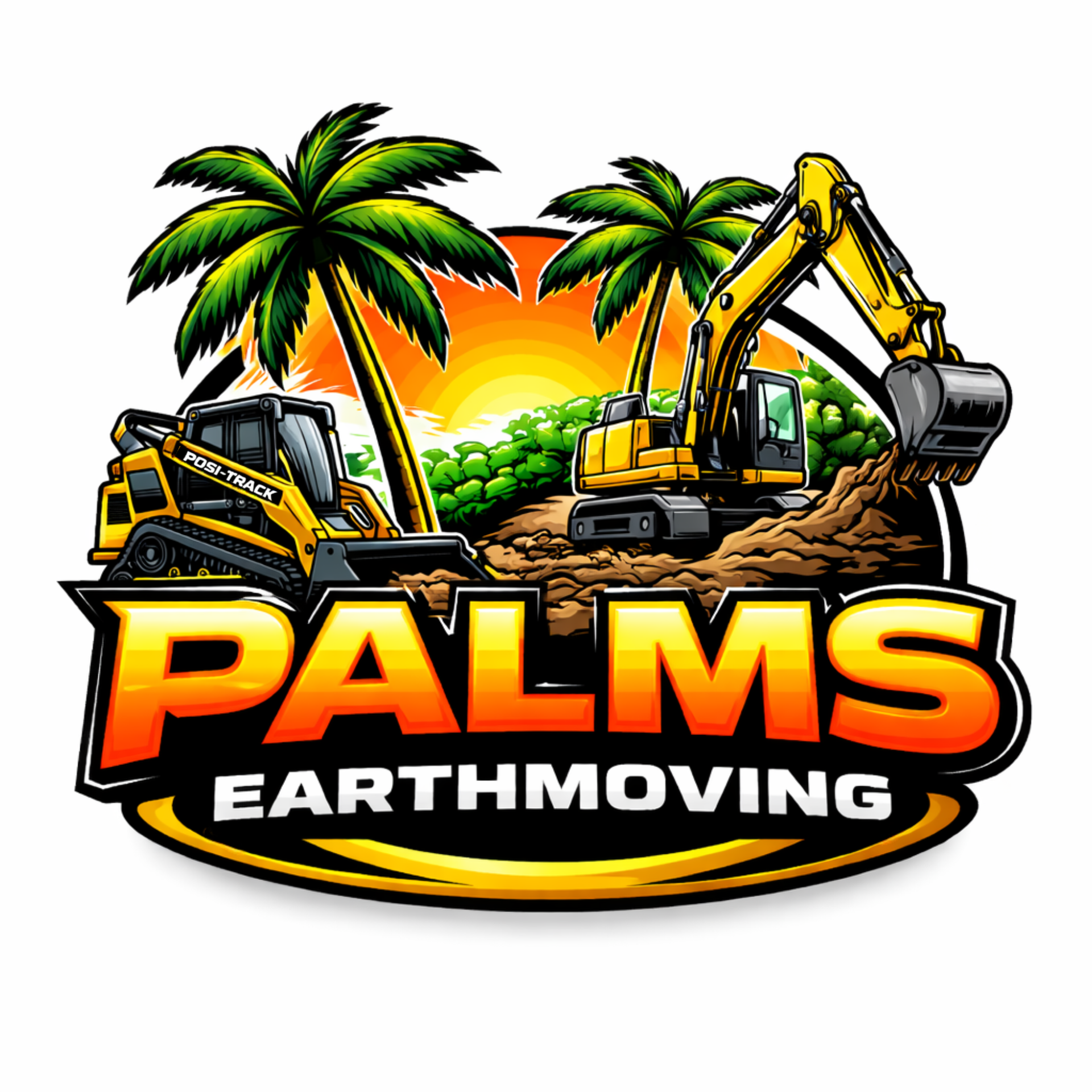 Logo for Palms Earthmoving: a teal excavator within a gear-shaped frame with text.