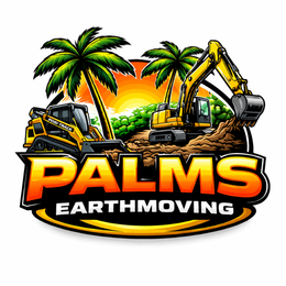 Logo for Palms Earthmoving: a teal excavator within a gear-shaped frame with text.