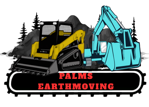 Logo for Palms Earthmoving: a teal excavator within a gear-shaped frame with text.