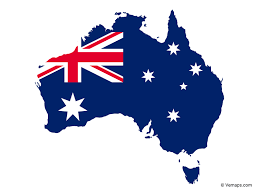 Australian flag overlaid on the map of Australia, dark blue with the Union Jack, Southern Cross stars, and Commonwealth Star.