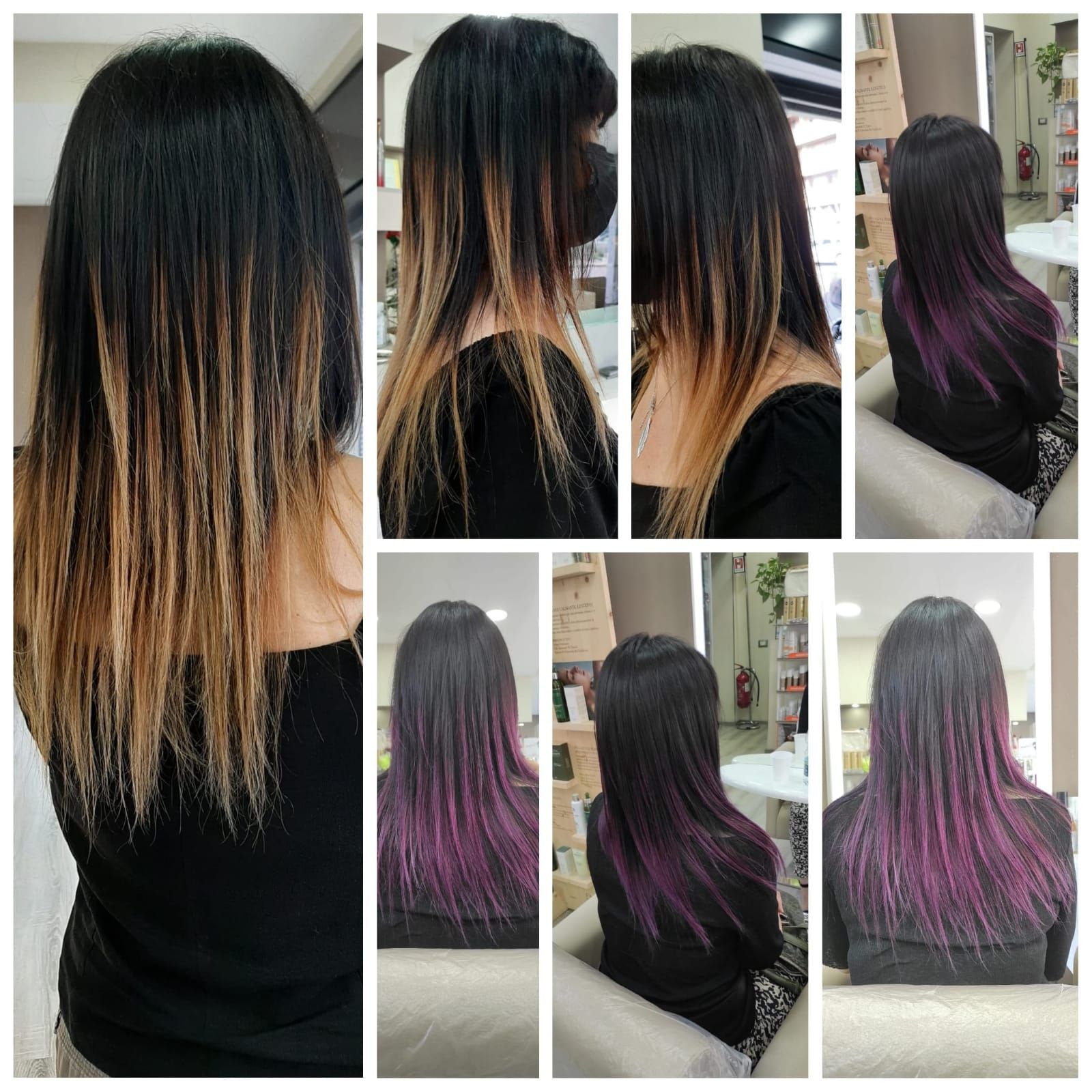 un collage di foto di una donna con i capelli neri e viola