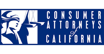 Logo for Consumer Attorneys of California with a blue scale of justice graphic