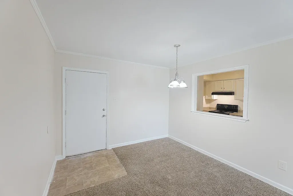 An empty living room with a view of the kitchen through a window.