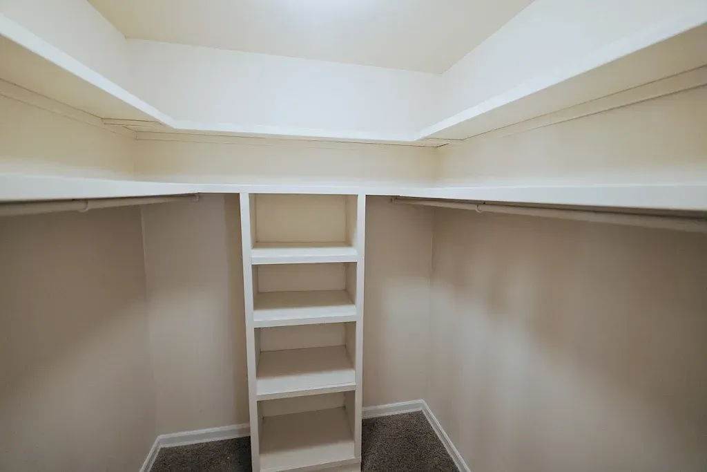 An empty walk in closet with shelves and a ladder.
