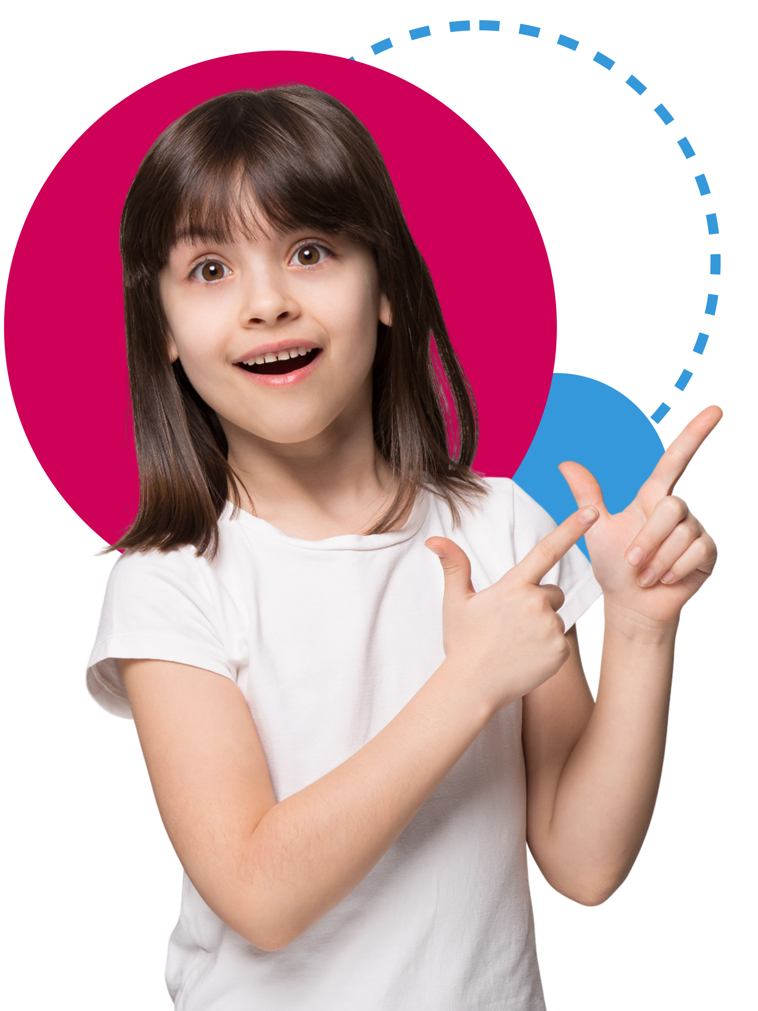 Girl pointing with an excited expression in front of pink and blue circles.