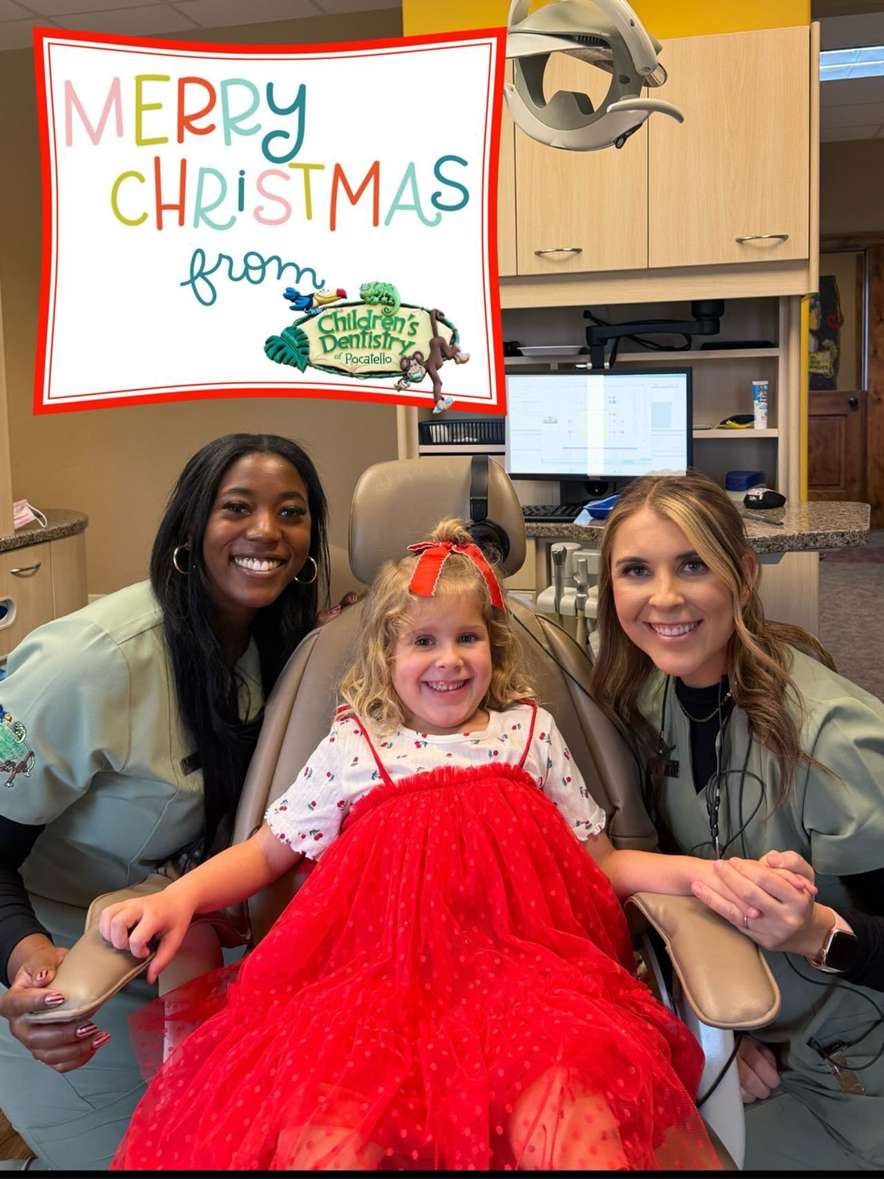 Three people smile in a dentist’s office. A child in a red dress sits in a chair. Text: “Merry Christmas from [office name]”