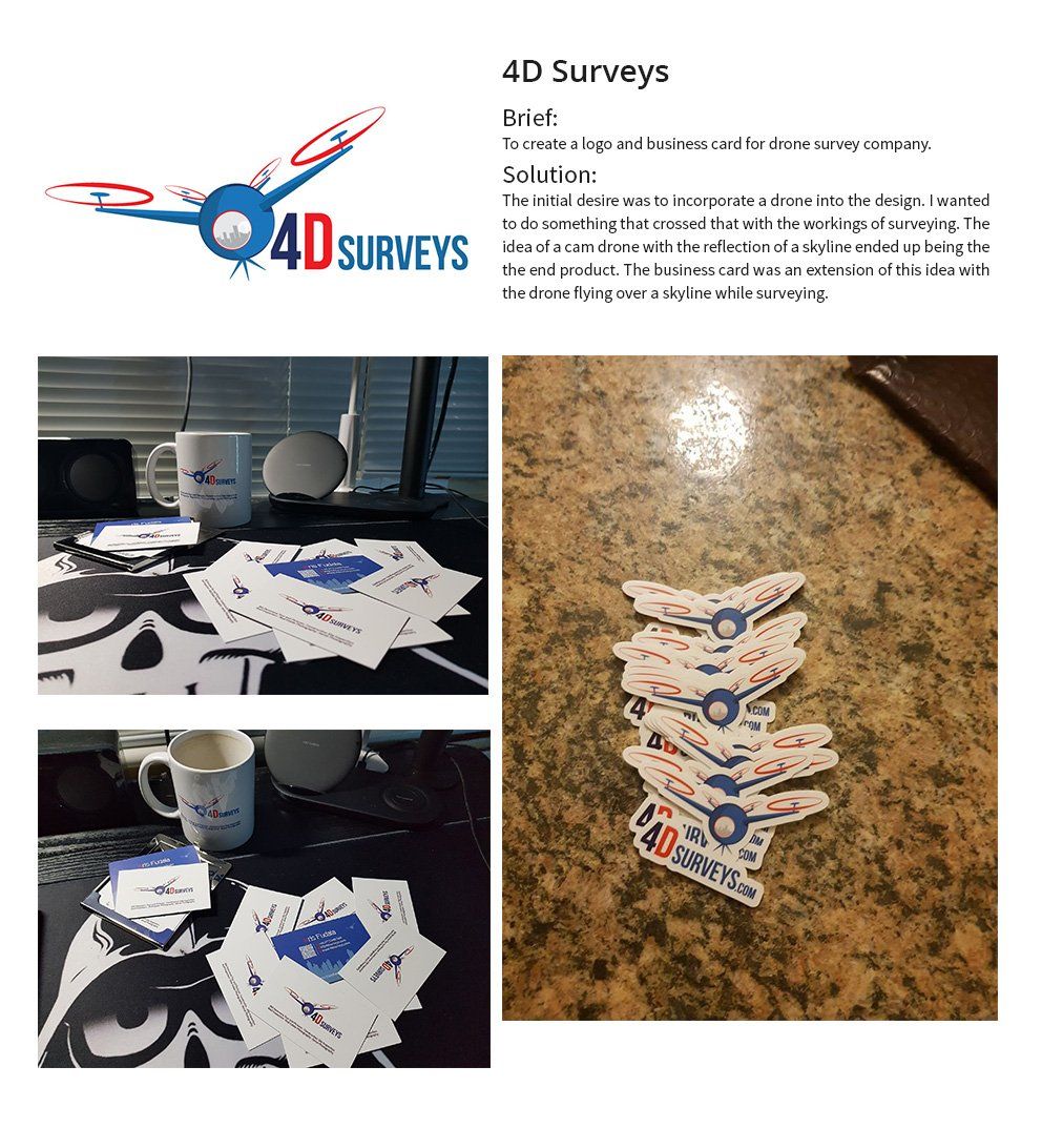 Marketing materials of 4D Surveys. Business cards and cut-out logo stickers are spread on tables. A mug is present.