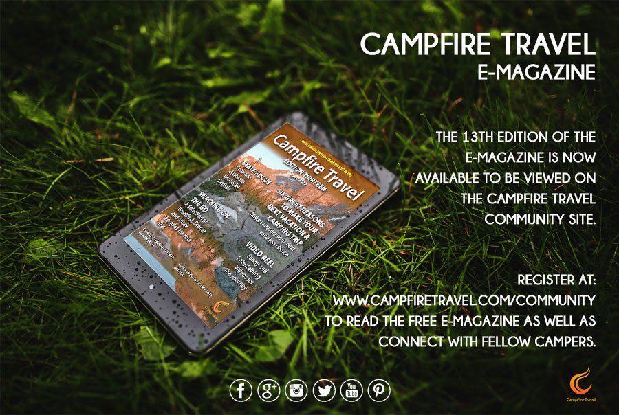 Campfire Travel e-magazine advertisement. Tablet with magazine cover on green grass, text about free access and community.