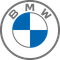 BMW logo: Blue and white segmented circle within a gray ring, with 