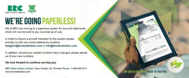 Announcement about going paperless. Hand holding tablet with invoice. Green accents and logo.