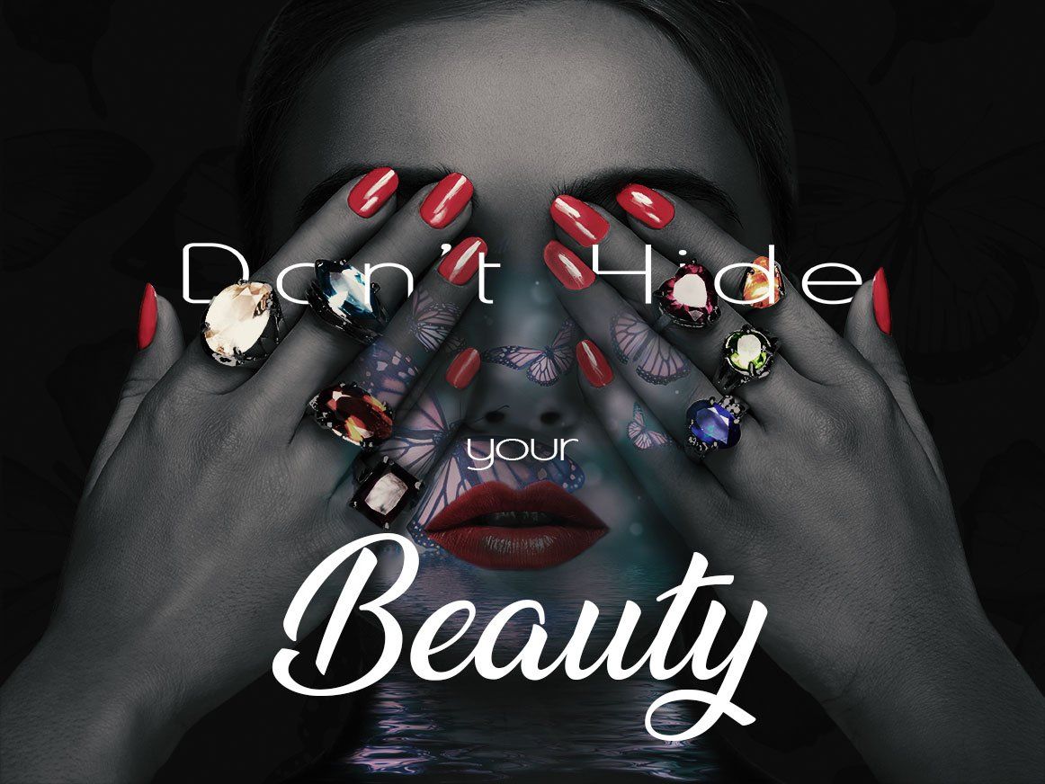 Woman with hands over face wearing rings; text reads 