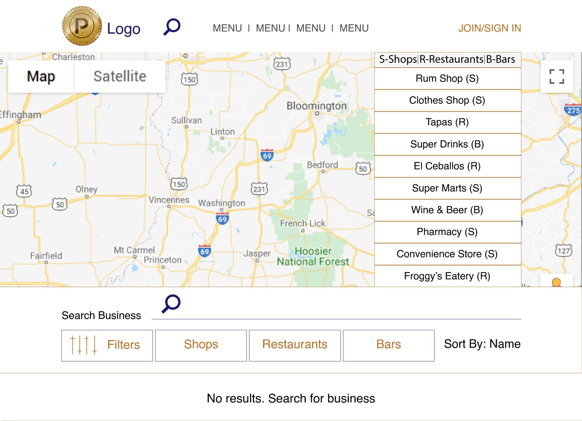Map with business listings. Search bar and category filters present.