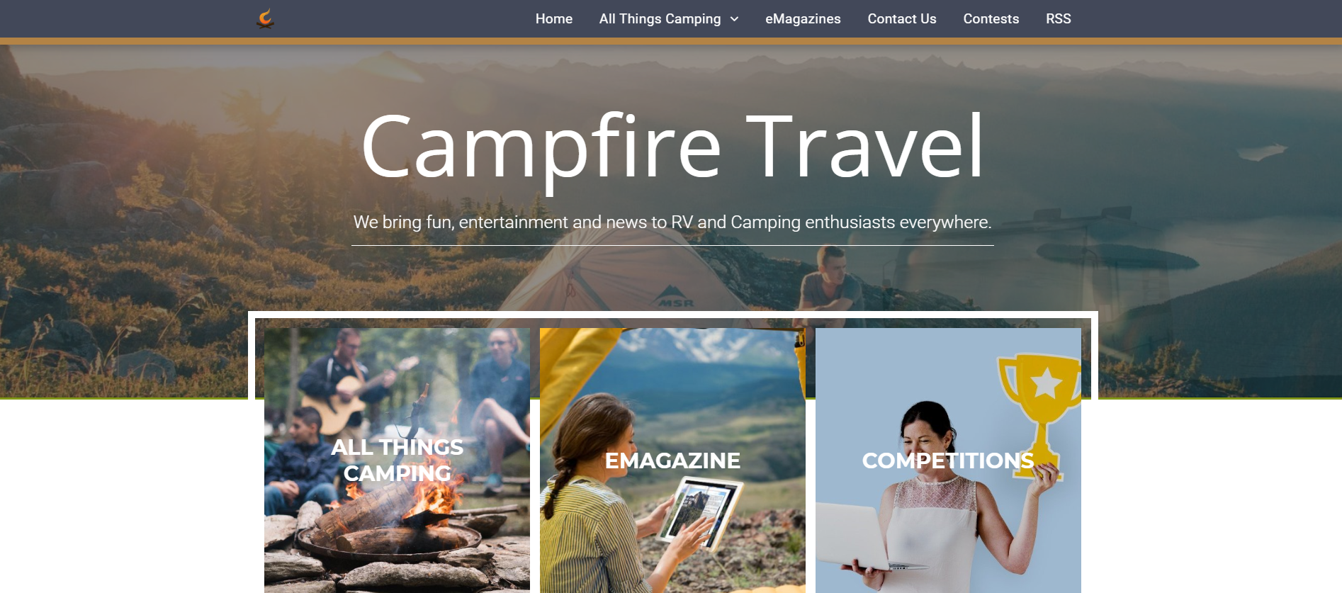 Campfire Travel website header with mountain scene and travel cards.