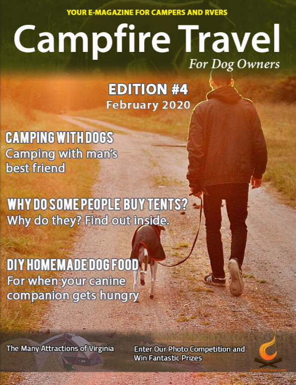 Campfire Travel magazine cover: Man walking dog on path at sunset, articles about camping with dogs.