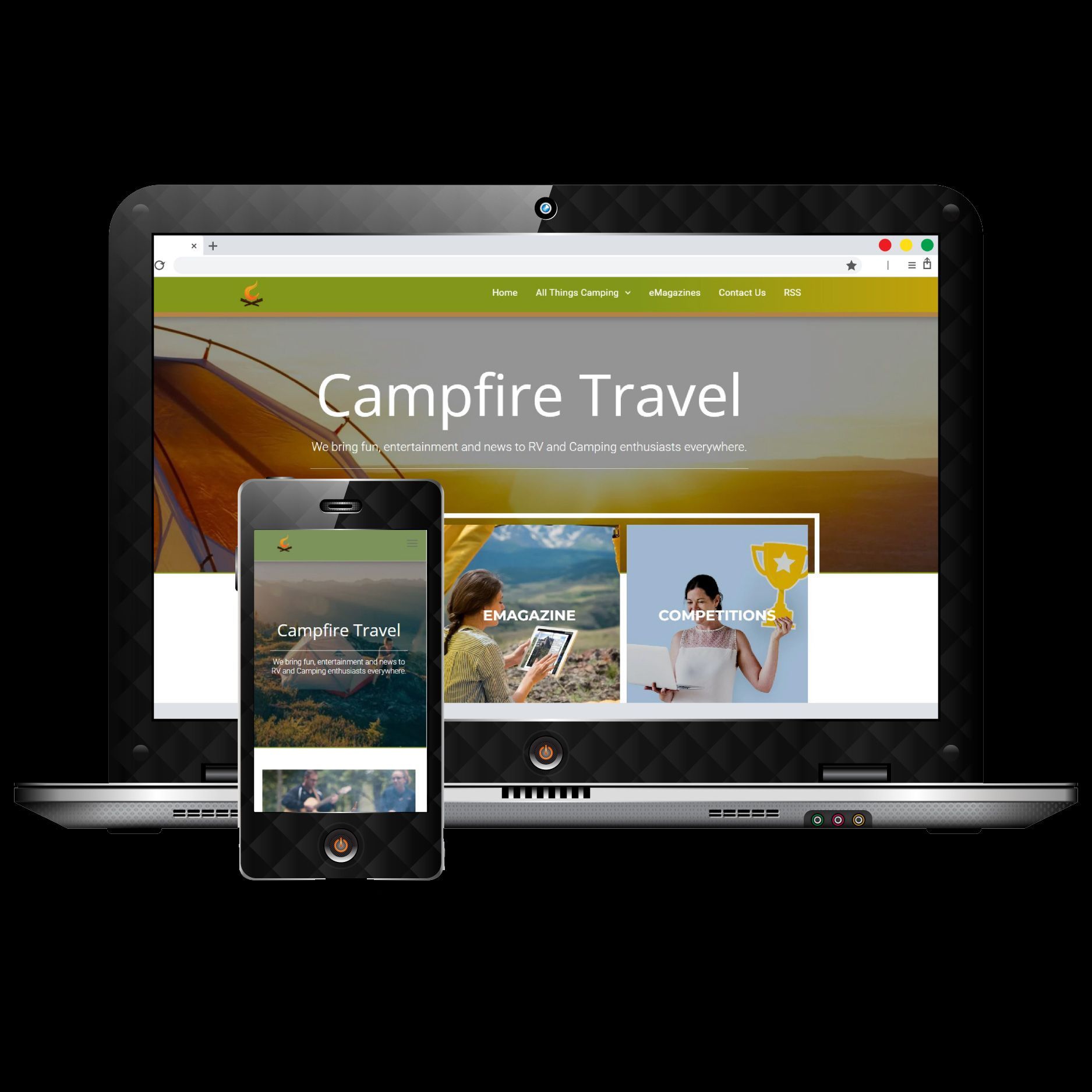 Laptop and phone displaying Campfire Travel website.